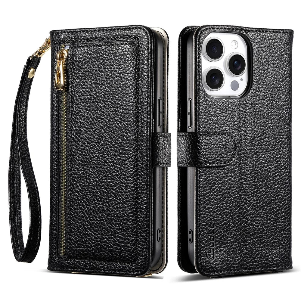 ESEBLE E11 For iPhone 16 Pro Case Zipper Pocket Litchi Texture Leather Phone Cover with Mirror and Wrist Strap - Black - 1