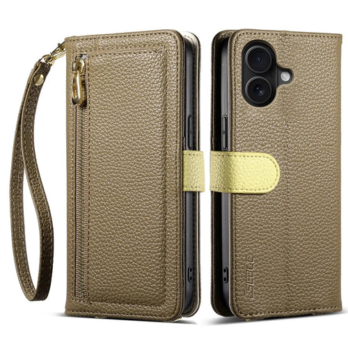 ESEBLE E11 For iPhone 16 Case Zipper Pocket Litchi Texture Leather Phone Cover with Mirror and Wrist Strap - Brown - 1