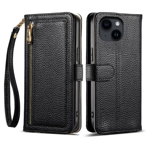 ESEBLE E11 For iPhone 15 Case Zipper Pocket Litchi Texture Leather Phone Cover with Mirror and Wrist Strap - Black - 1