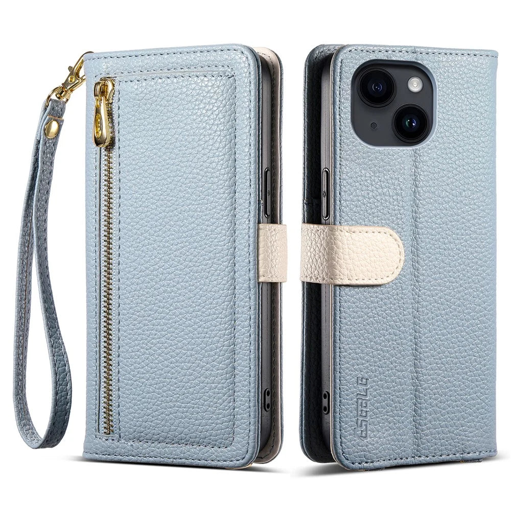 ESEBLE E11 For iPhone 14 / 13 Case Zipper Pocket Litchi Texture Leather Phone Cover with Mirror and Wrist Strap - Sky Blue - 1