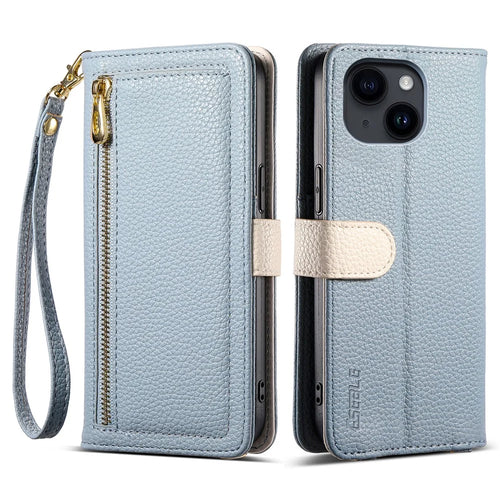ESEBLE E11 For iPhone 14 / 13 Case Zipper Pocket Litchi Texture Leather Phone Cover with Mirror and Wrist Strap - Sky Blue - 1