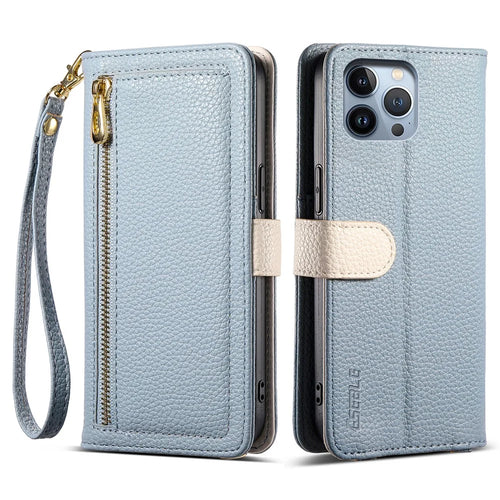 ESEBLE E11 For iPhone 14 Pro Max Case Zipper Pocket Litchi Texture Leather Phone Cover with Mirror and Wrist Strap - Sky Blue - 1