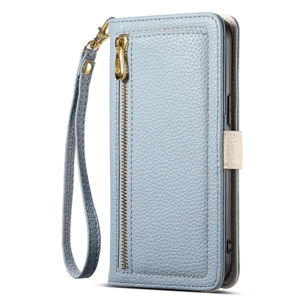 ESEBLE E11 For iPhone 14 Pro Max Case Zipper Pocket Litchi Texture Leather Phone Cover with Mirror and Wrist Strap - Sky Blue - 7