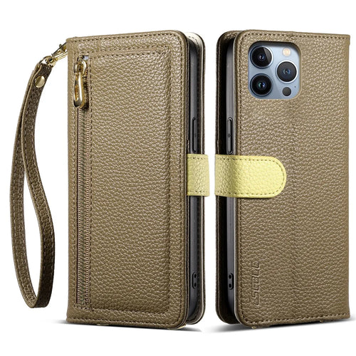 ESEBLE E11 For iPhone 14 Pro Case Zipper Pocket Litchi Texture Leather Phone Cover with Mirror and Wrist Strap - Brown - 1