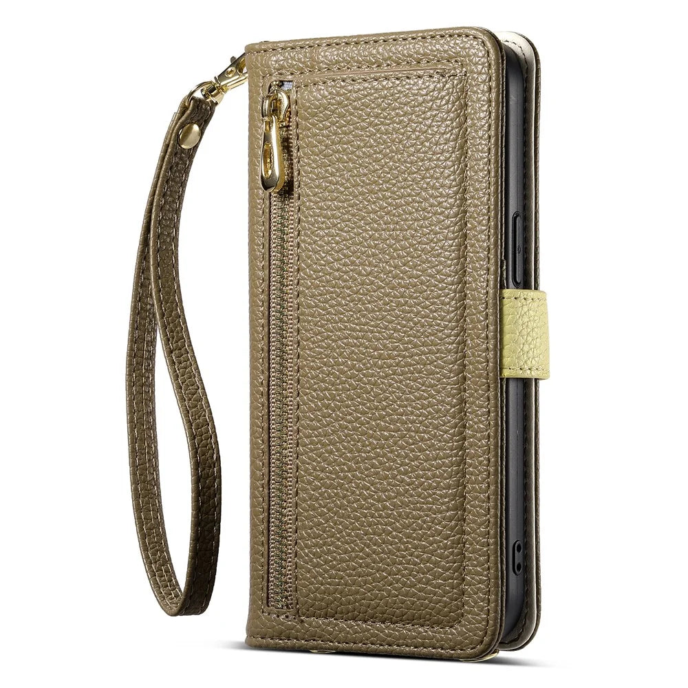 ESEBLE E11 For iPhone 14 Pro Case Zipper Pocket Litchi Texture Leather Phone Cover with Mirror and Wrist Strap - Brown - 7