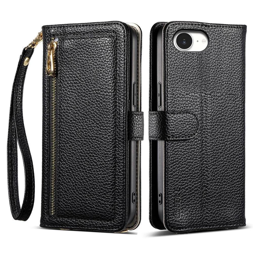 ESEBLE E11 For iPhone 17e / 16e Case Zipper Pocket Litchi Texture Leather Phone Cover with Mirror and Wrist Strap - Black - 1