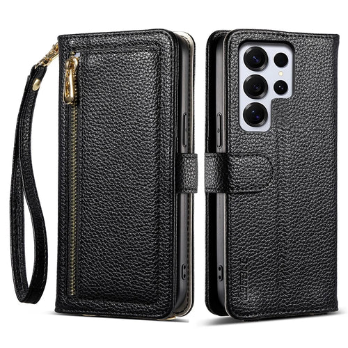 ESEBLE E11 For Samsung Galaxy S25 Ultra Case Zipper Pocket Litchi Texture Leather Phone Cover with Mirror and Wrist Strap - Black - 1