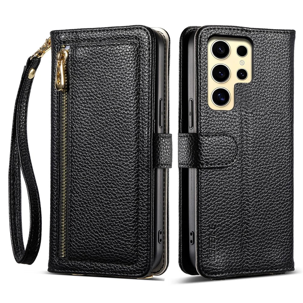 ESEBLE E11 For Samsung Galaxy S24 Ultra Case Zipper Pocket Litchi Texture Leather Phone Cover with Mirror and Wrist Strap - Black - 1