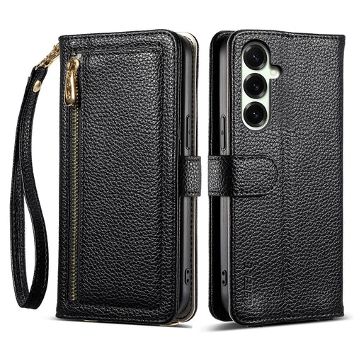 ESEBLE E11 For Samsung Galaxy S25 Case Zipper Pocket Litchi Texture Leather Phone Cover with Mirror and Wrist Strap - Black - 1
