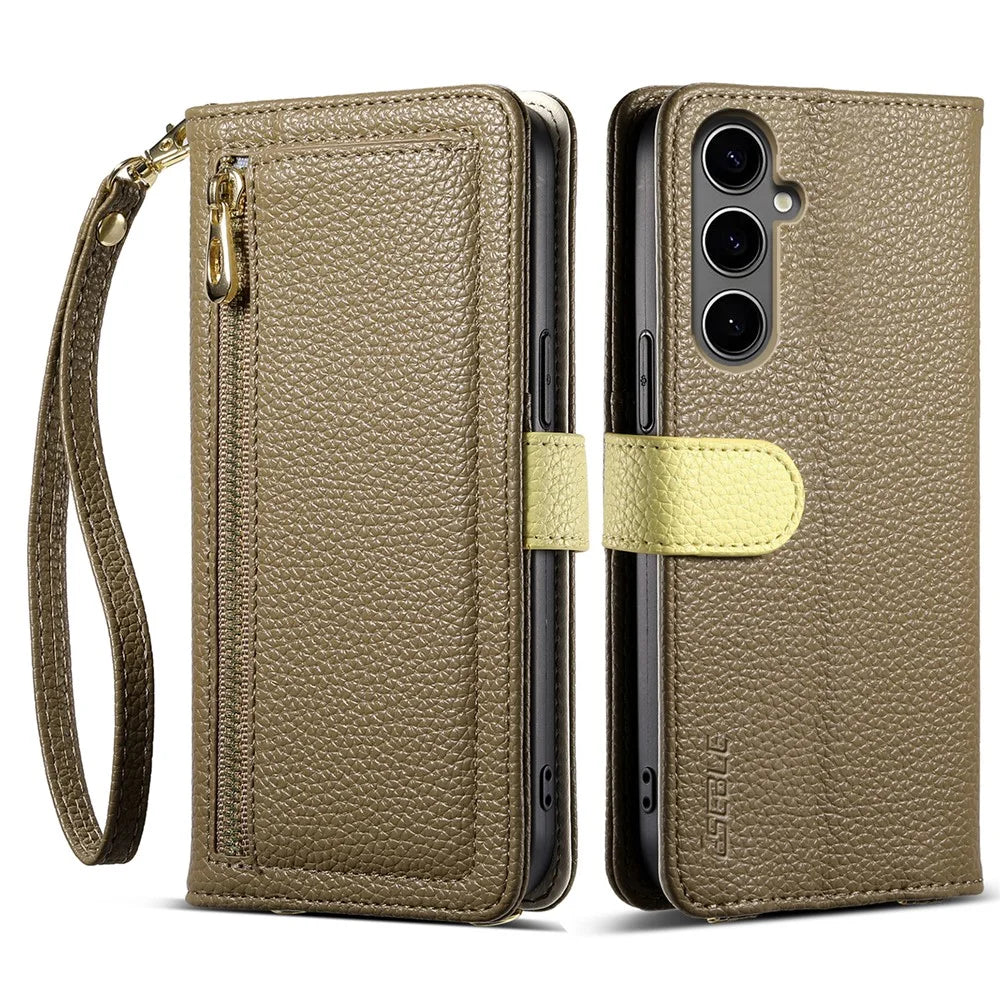 ESEBLE E11 For Samsung Galaxy S24+ Case Zipper Pocket Litchi Texture Leather Phone Cover with Mirror and Wrist Strap - Brown - 1