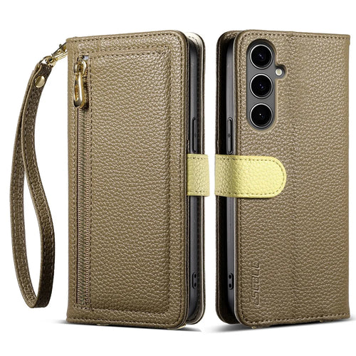 ESEBLE E11 For Samsung Galaxy S24+ Case Zipper Pocket Litchi Texture Leather Phone Cover with Mirror and Wrist Strap - Brown - 1