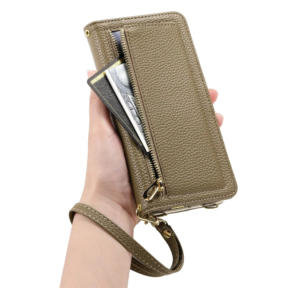 ESEBLE E11 For Samsung Galaxy S24+ Case Zipper Pocket Litchi Texture Leather Phone Cover with Mirror and Wrist Strap - Brown - 4