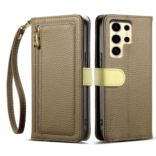 ESEBLE E11 For Samsung Galaxy S23 Ultra Case Zipper Pocket Litchi Texture Leather Phone Cover with Mirror and Wrist Strap - Brown - 1