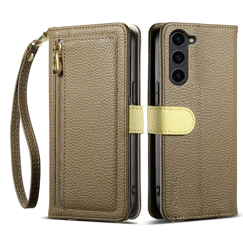 ESEBLE E11 For Samsung Galaxy S23 Case Zipper Pocket Litchi Texture Leather Phone Cover with Mirror and Wrist Strap - Brown - 1