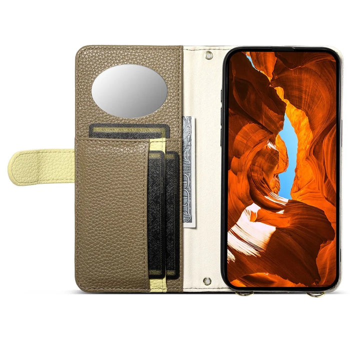 ESEBLE E11 For Samsung Galaxy S23 Case Zipper Pocket Litchi Texture Leather Phone Cover with Mirror and Wrist Strap - Brown - 3