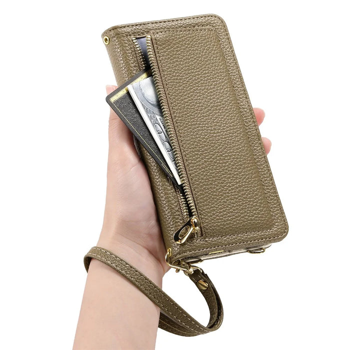 ESEBLE E11 For Samsung Galaxy S23 Case Zipper Pocket Litchi Texture Leather Phone Cover with Mirror and Wrist Strap - Brown - 4