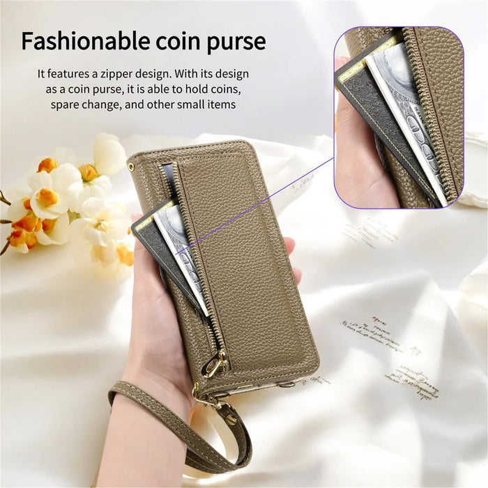 ESEBLE E11 For Samsung Galaxy S23 Case Zipper Pocket Litchi Texture Leather Phone Cover with Mirror and Wrist Strap - Brown - 5