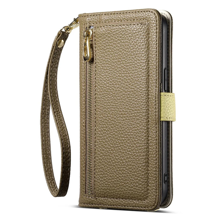 ESEBLE E11 For Samsung Galaxy S23 Case Zipper Pocket Litchi Texture Leather Phone Cover with Mirror and Wrist Strap - Brown - 7