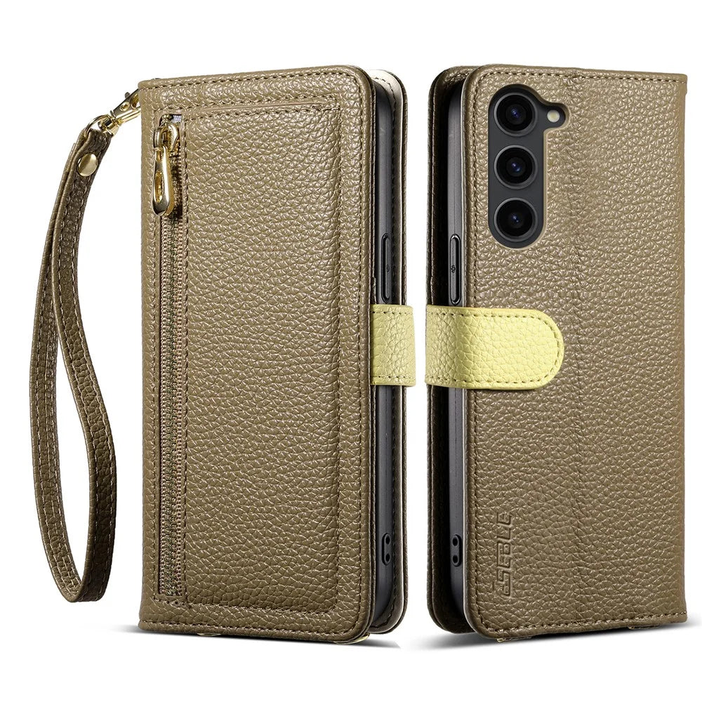 ESEBLE E11 For Samsung Galaxy S23+ Case Zipper Pocket Litchi Texture Leather Phone Cover with Mirror and Wrist Strap - Brown - 1