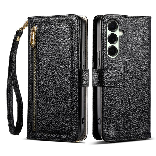 ESEBLE E11 For Samsung Galaxy S23 FE Case Zipper Pocket Litchi Texture Leather Phone Cover with Mirror and Wrist Strap - Black - 1