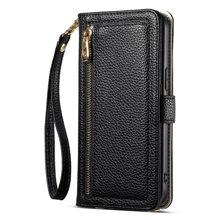 ESEBLE E11 For Samsung Galaxy S23 FE Case Zipper Pocket Litchi Texture Leather Phone Cover with Mirror and Wrist Strap - Black - 7