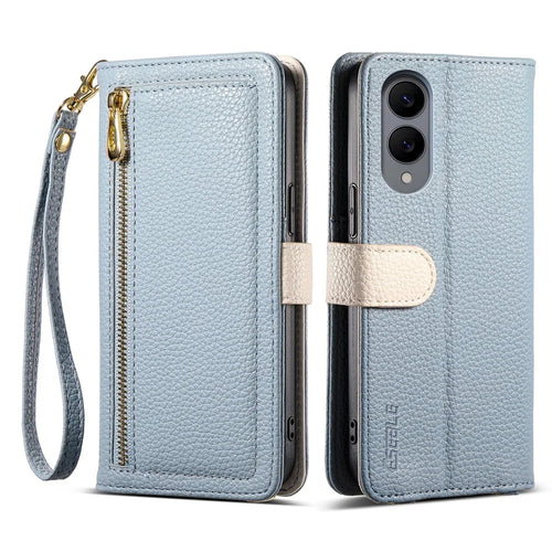 ESEBLE E11 For Samsung Galaxy S25 Edge Case Zipper Pocket Litchi Texture Leather Phone Cover with Mirror and Wrist Strap - Sky Blue - 1