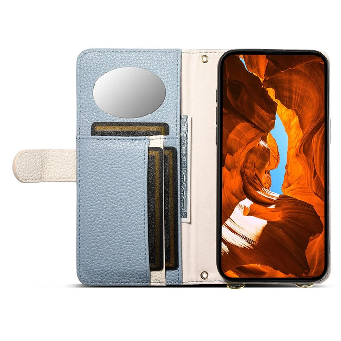 ESEBLE E11 For Samsung Galaxy S25 Edge Case Zipper Pocket Litchi Texture Leather Phone Cover with Mirror and Wrist Strap - Sky Blue - 3