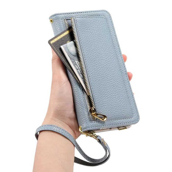 ESEBLE E11 For Samsung Galaxy S25 Edge Case Zipper Pocket Litchi Texture Leather Phone Cover with Mirror and Wrist Strap - Sky Blue - 4