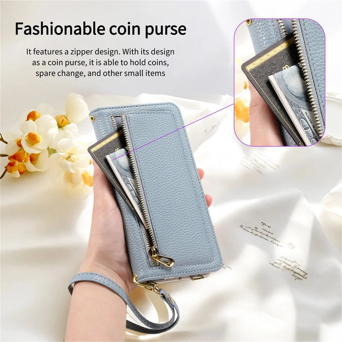 ESEBLE E11 For Samsung Galaxy S25 Edge Case Zipper Pocket Litchi Texture Leather Phone Cover with Mirror and Wrist Strap - Sky Blue - 5