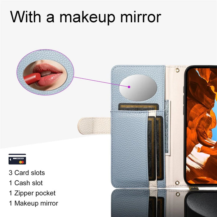 ESEBLE E11 For Samsung Galaxy S25 Edge Case Zipper Pocket Litchi Texture Leather Phone Cover with Mirror and Wrist Strap - Sky Blue - 6