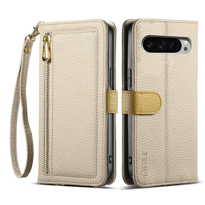 ESEBLE E11 For Google Pixel 9 / 9 Pro Case Zipper Pocket Litchi Texture Leather Phone Cover with Mirror and Wrist Strap - Khaki - 1