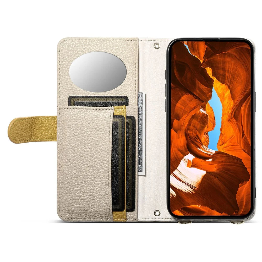 ESEBLE E11 For Google Pixel 9 / 9 Pro Case Zipper Pocket Litchi Texture Leather Phone Cover with Mirror and Wrist Strap - Khaki - 3