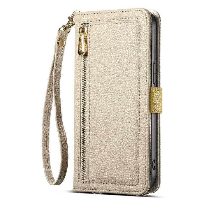 ESEBLE E11 For Google Pixel 9 / 9 Pro Case Zipper Pocket Litchi Texture Leather Phone Cover with Mirror and Wrist Strap - Khaki - 7