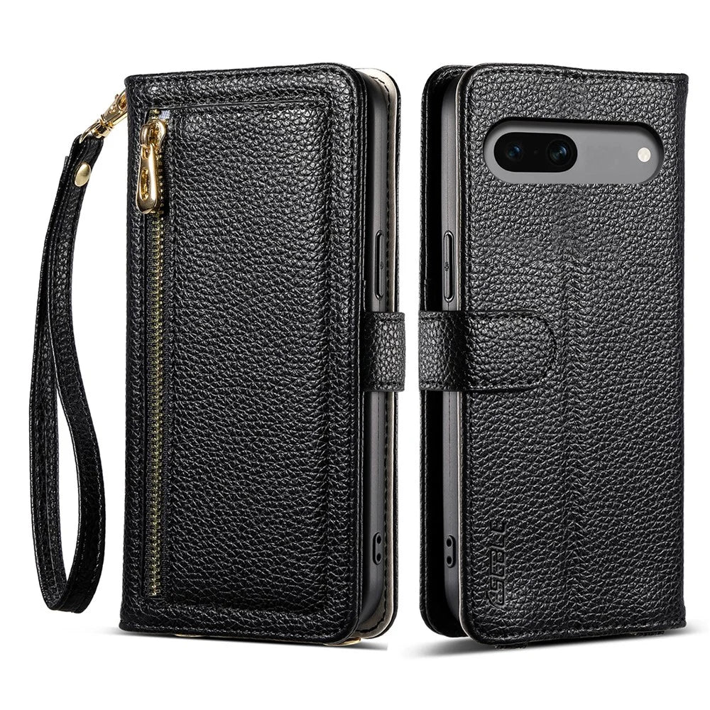 ESEBLE E11 For Google Pixel 8a Case Zipper Pocket Litchi Texture Leather Phone Cover with Mirror and Wrist Strap - Black - 1