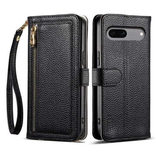 ESEBLE E11 For Google Pixel 8a Case Zipper Pocket Litchi Texture Leather Phone Cover with Mirror and Wrist Strap - Black - 1
