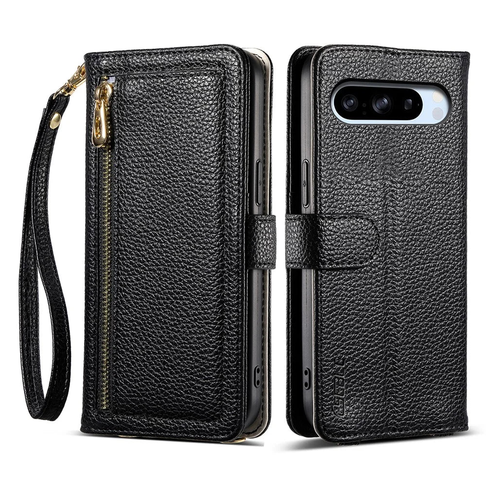 ESEBLE E11 For Google Pixel 8 Pro Case Zipper Pocket Litchi Texture Leather Phone Cover with Mirror and Wrist Strap - Black - 1