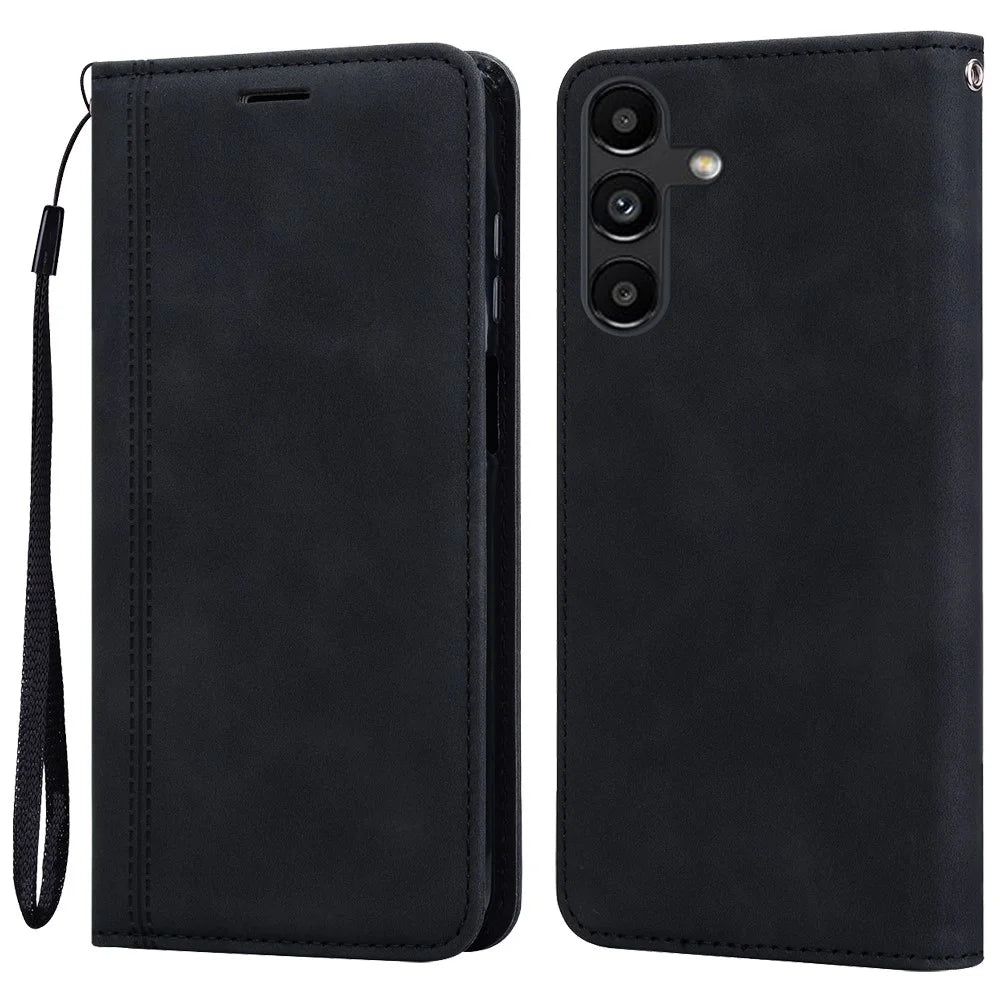 For Samsung Galaxy A56 5G Case Business Style Magnetic Closure Leather Phone Cover with Strap - Black - 1