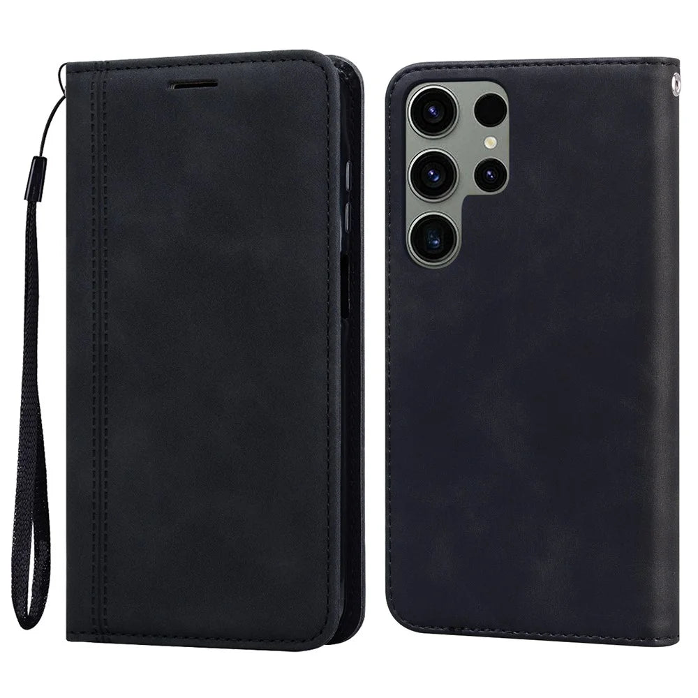 For Samsung Galaxy S25 Ultra Case Business Style Magnetic Closure Leather Phone Cover with Strap - Black - 1