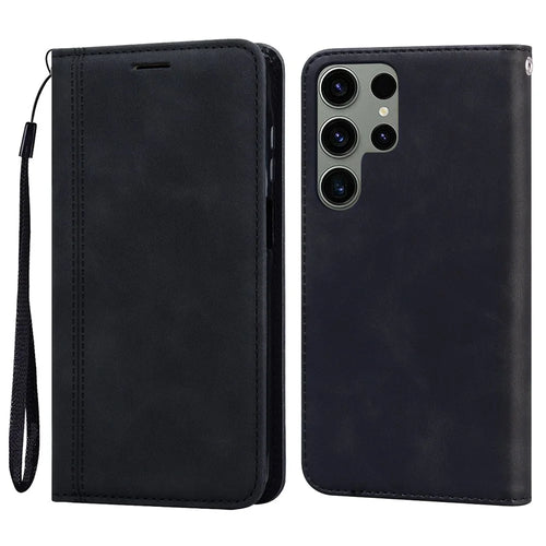 For Samsung Galaxy S25 Ultra Case Business Style Magnetic Closure Leather Phone Cover with Strap - Black - 1