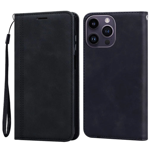 For iPhone 16 Pro Max Case Business Style Magnetic Closure Leather Phone Cover with Strap - Black - 1