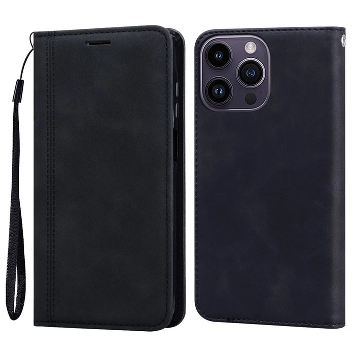 For iPhone 16 Pro Max Case Business Style Magnetic Closure Leather Phone Cover with Strap - Black - 1