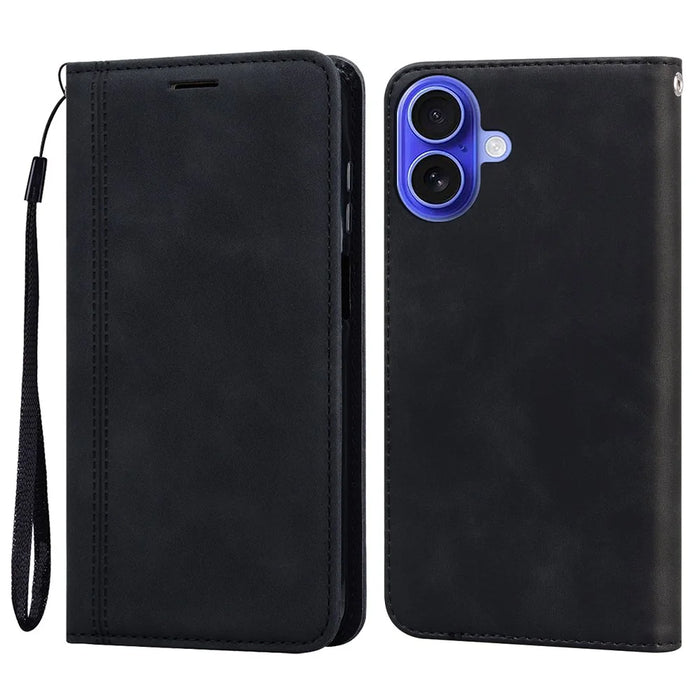 For iPhone 16 Case Business Style Magnetic Closure Leather Phone Cover with Strap - Black - 1