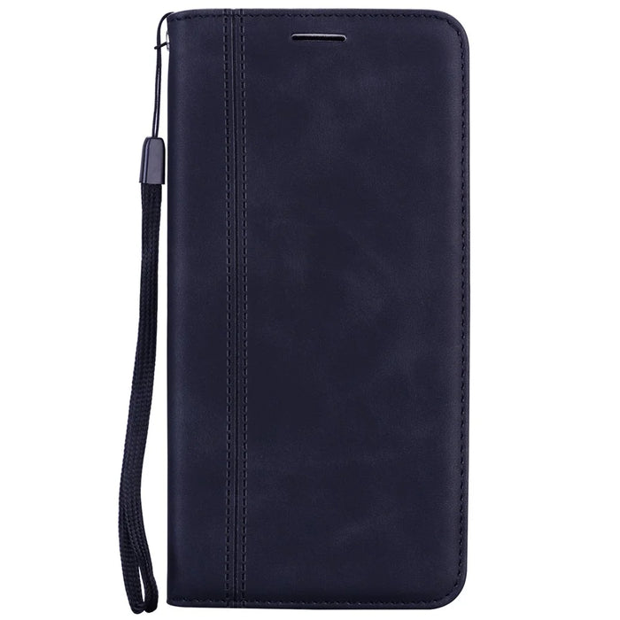 For iPhone 16 Case Business Style Magnetic Closure Leather Phone Cover with Strap - Black - 6