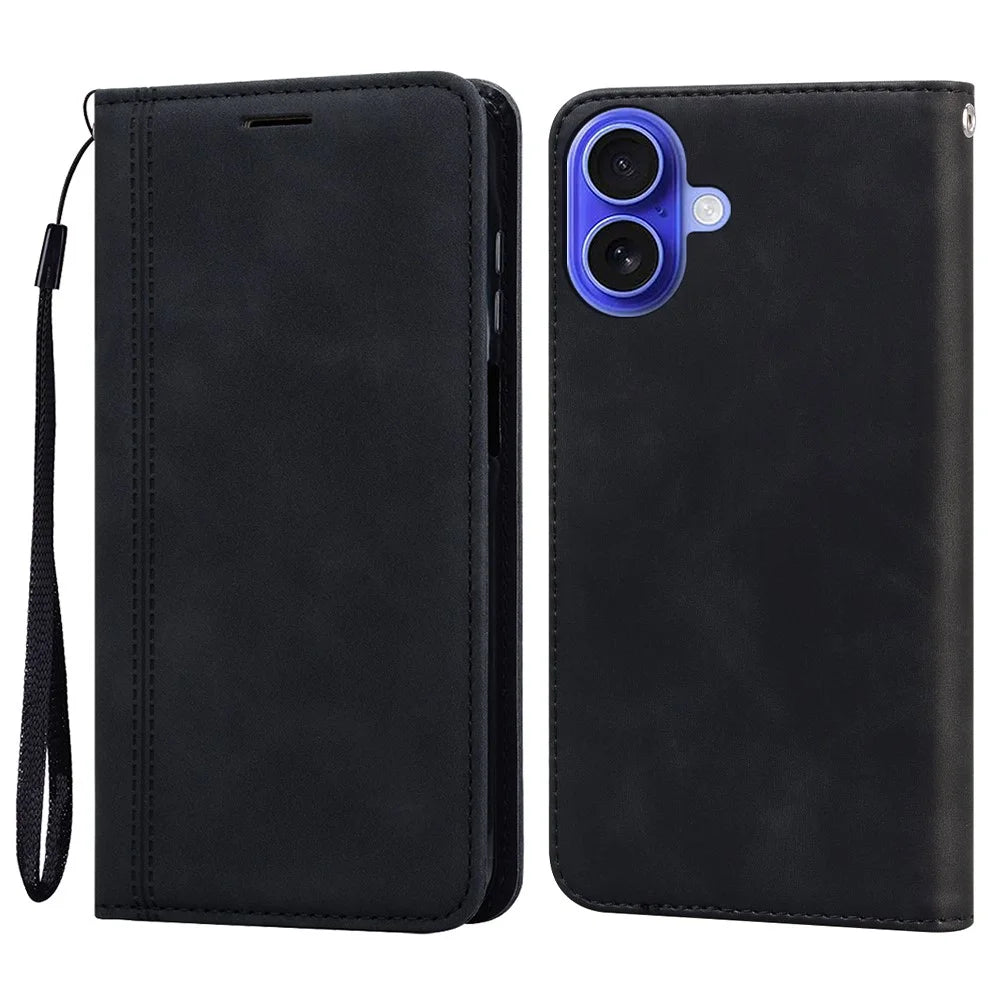 For iPhone 16 Plus Case Business Style Magnetic Closure Leather Phone Cover with Strap - Black - 1