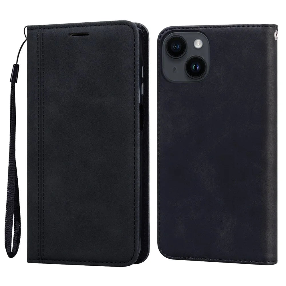 For iPhone 15 Case Business Style Magnetic Closure Leather Phone Cover with Strap - Black - 1