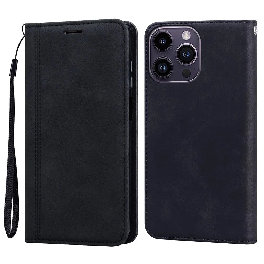 For iPhone 15 Pro Case Business Style Magnetic Closure Leather Phone Cover with Strap - Black - 1