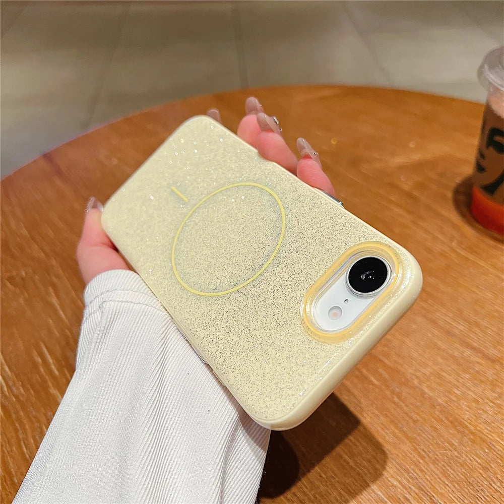 For iPhone 17e / 16e Case Compatible with MagSafe Glitter Design IMD TPU + PC Phone Back Cover - Yellow - 1