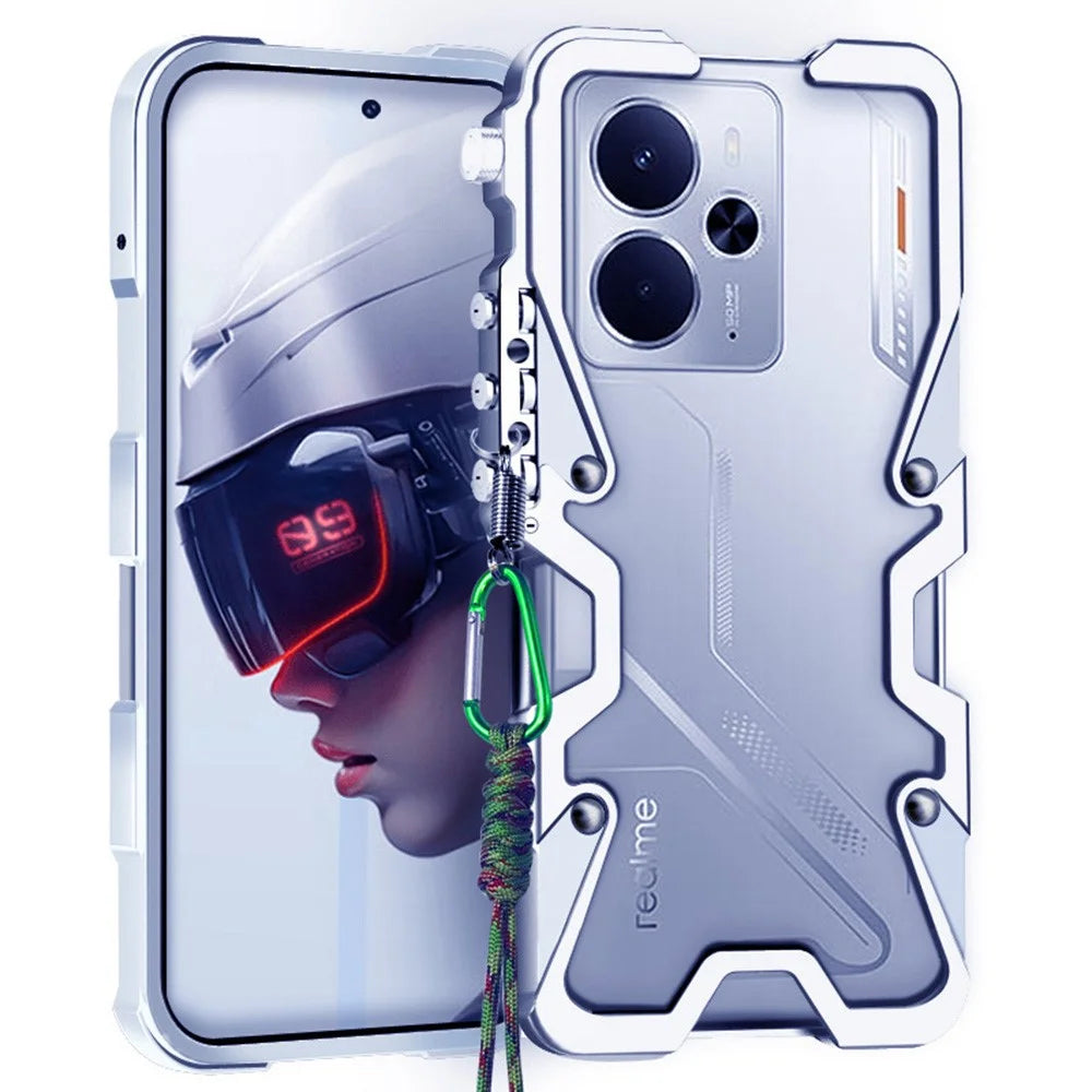 For Realme 14 5G Bumper Case Aluminium Alloy Metal Phone Shell Cover with Strap - Silver - 1