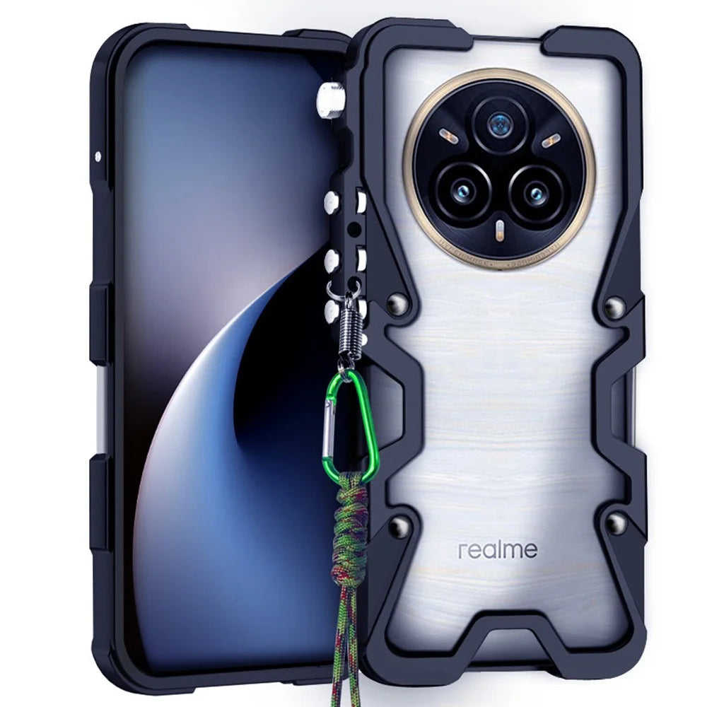For Realme 14 Pro+ 5G Bumper Case Aluminium Alloy Metal Phone Shell Cover with Strap - Black - 1