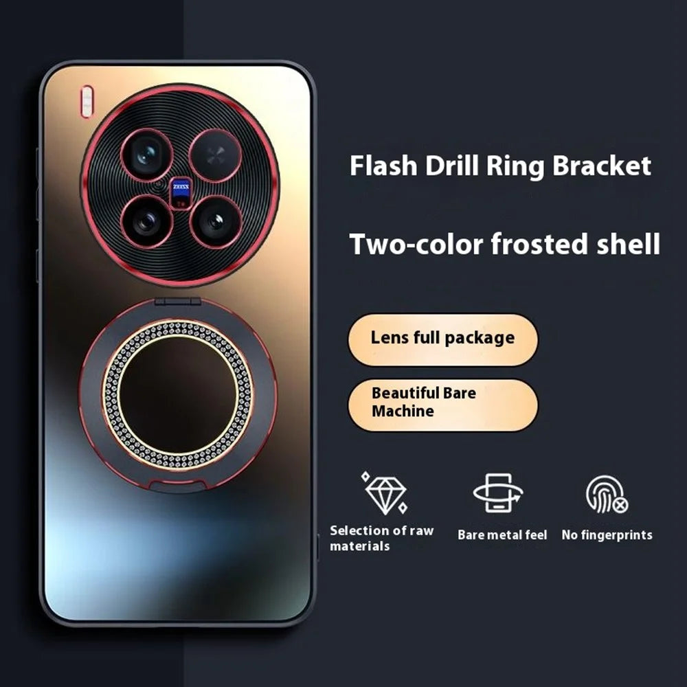 For vivo X200 Ultra 5G Phone Case with Diamond Ring Holder Dual-Color Lens AG Skin-Feel Matte Cover - Titanium Black - 2